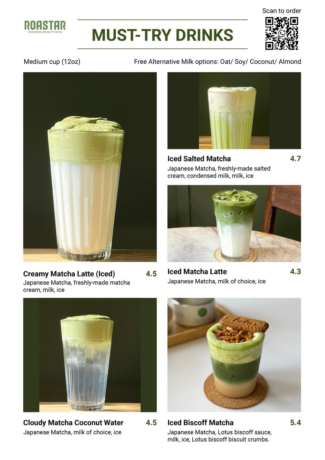 Roastar Matcha Drinks Menu